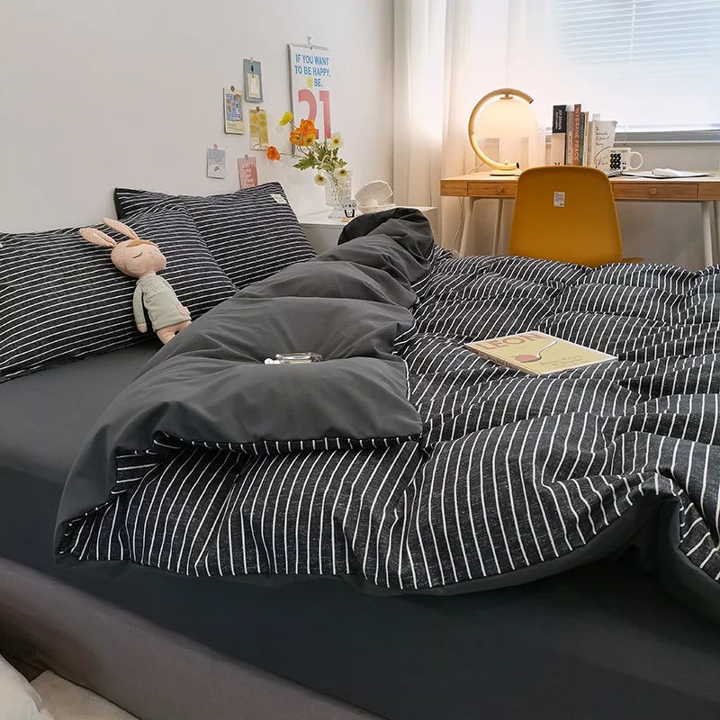 Afralia™ Striped Grid Printed Bedding Sets: Japanese Comfort for Summer