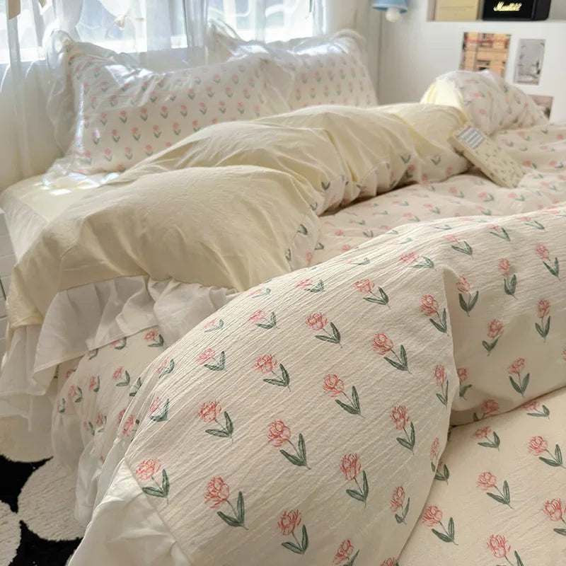 Afralia™ French Washed Cotton Princess Flower Quilt Cover Set - Spring Floral Bedding