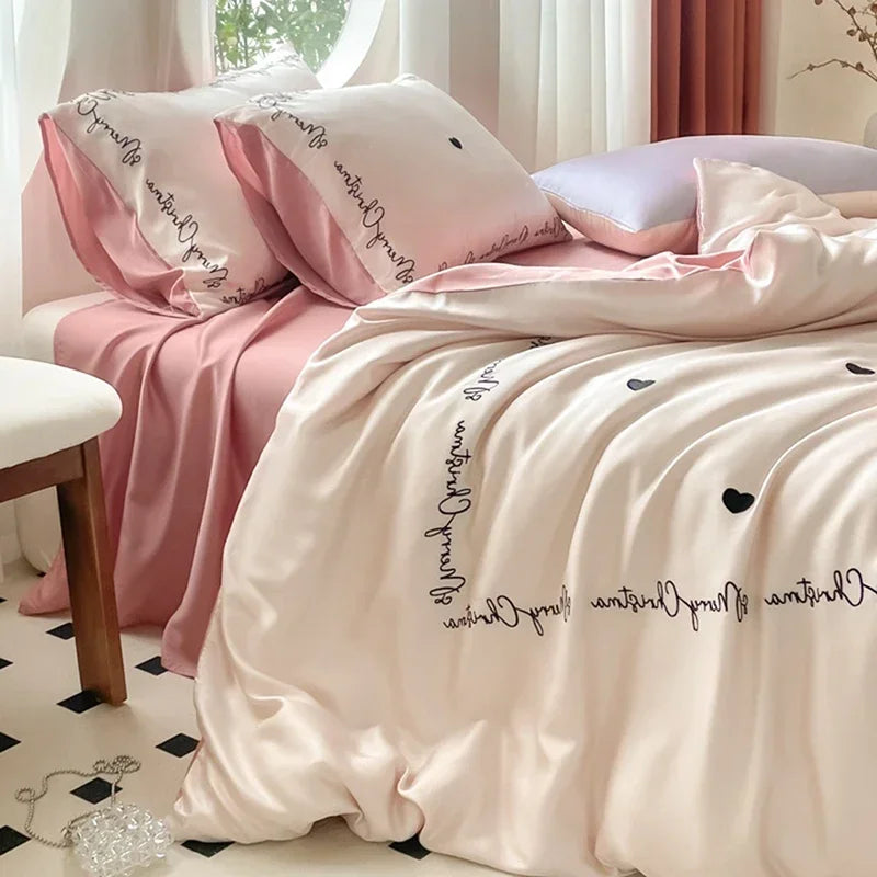 Afralia™ Summer Rayon Silk Bedding Set Queen/King Super Soft Duvet Cover Fitted Sheet Smooth Silk Bedclothes