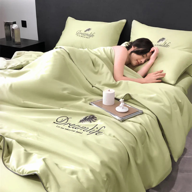 Afralia™ Silky Embroidery Cooling Quilt Set for Cozy Single Double Bed Comfort.