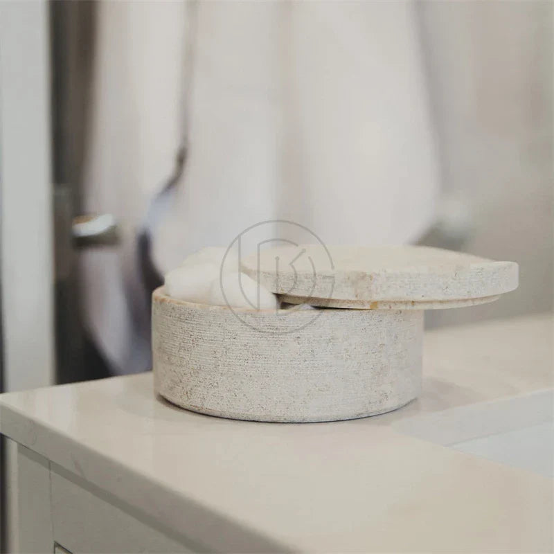 Afralia™ Marble Beige Travertine Storage Jar with Lid