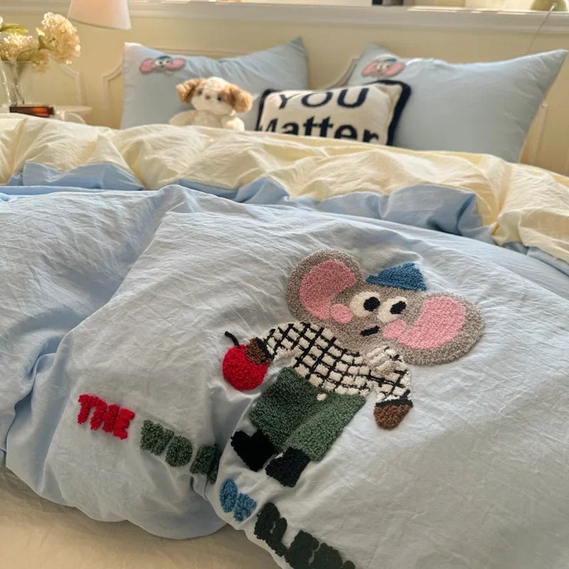 Afralia™ Cartoon Embroidery Jacquard Comforter Sets | Washed Cotton | Soft Skin-Friendly Bed Linen