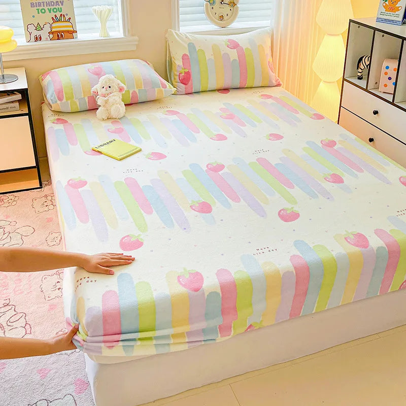 Afralia™ Milk Velvet Cartoon Printed Fitted Sheet - Cozy Plush Mattress Cover