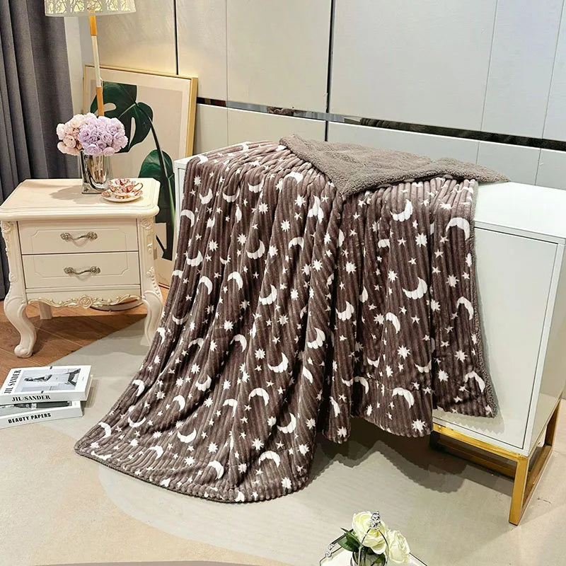 Afralia™ Star Moon Striped Fleece Blanket: Double Layer Flannel for Office Nap & Air Conditioning