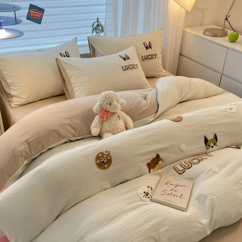 Afralia™ Cartoon Embroidered Cotton Bedding Set for King/Queen Beds