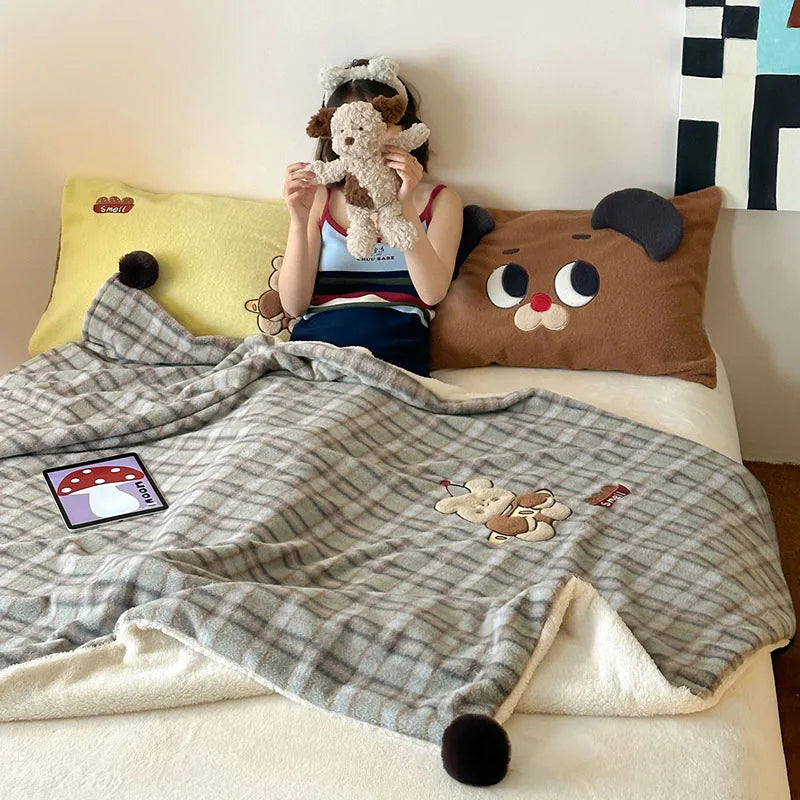 Afralia™ Cartoon Patch Woolen Blanket with Fur Balls for Single Bed