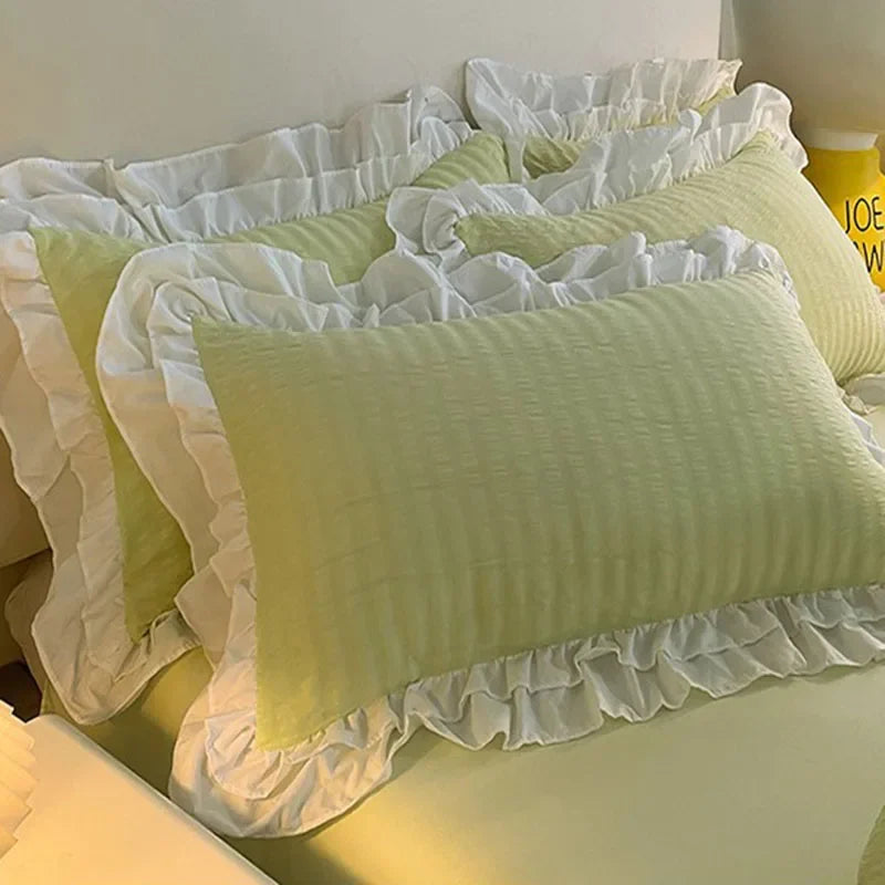 Afralia™ Lace Trim Washed Cotton Bedding Set - 4Pcs Solid Color Duvet Cover & Bed Skirt