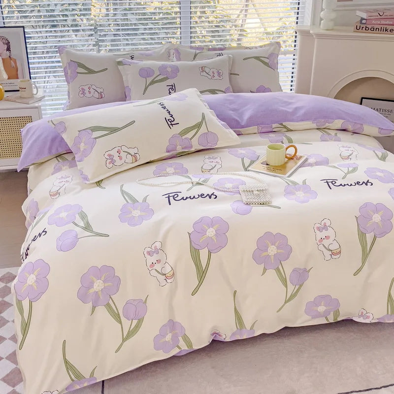 Afralia™ Cozy Flower Print Bedding Set: Brushed Cotton, Skin-Friendly, Soft, Thick, 4Pcs