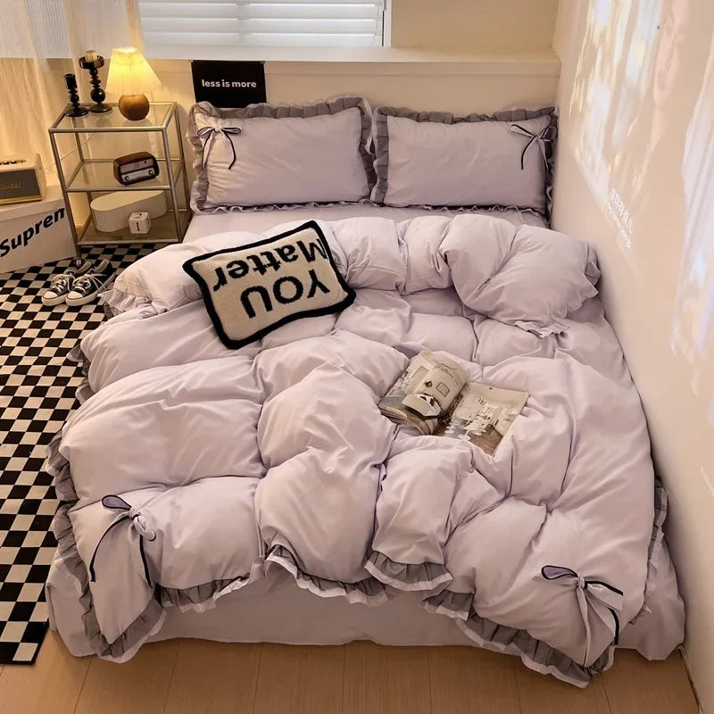 Afralia™ Princess Bow Embroidery Cotton Bedding Set with Lace - Single to King Sizes
