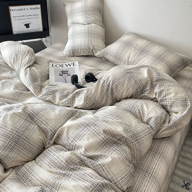 Afralia™ Cotton Grid Bedding Set - Soft & Stylish Bed Sheet, Quilt Cover Kit