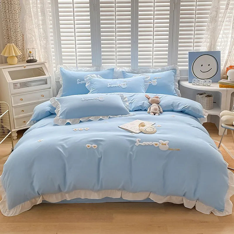 Afralia™ Cartoon Princess Embroidered Cotton Bedding Set for Adult Girls