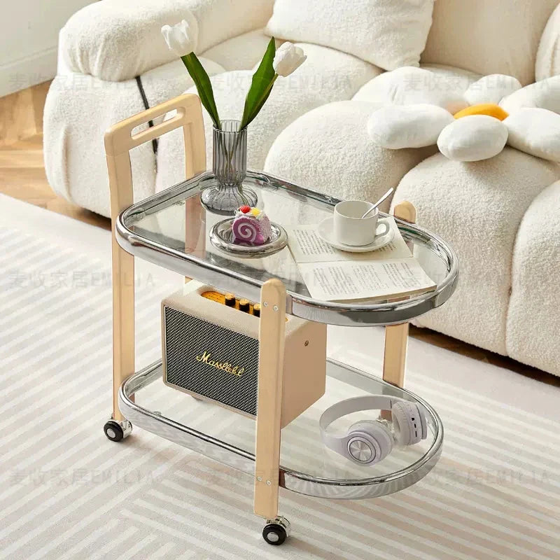 Afralia™ Nordic Wood End Table Tea Table, Movable Trolley, Glass Top, Multifunctional Storage Rack.