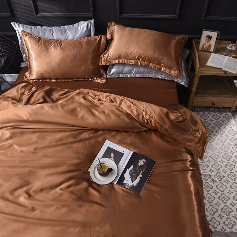 Afralia™ Summer Solid Rayon Silk Bedding Set Lightweight Quilt Cover Set Skin Friendly