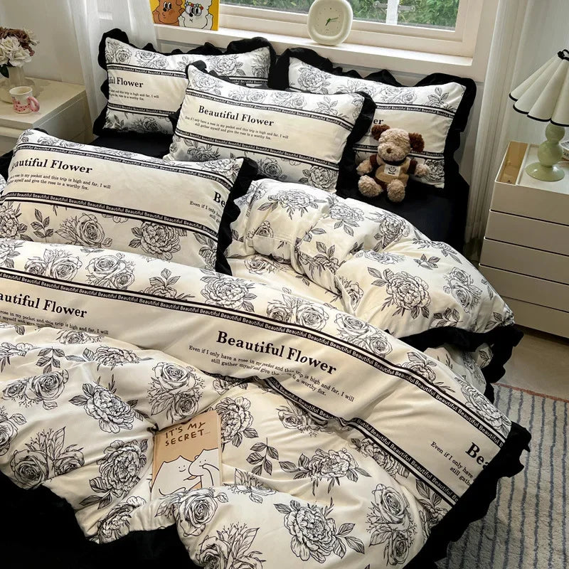 Afralia™ Black White Printed Bed Skirt Bedding Set - Cozy Skin Friendly Linens