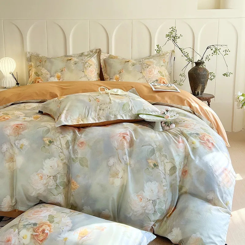 Afralia™ Satin Flower Fitted Sheet Set - Luxury 100% Cotton Print Bedding Set