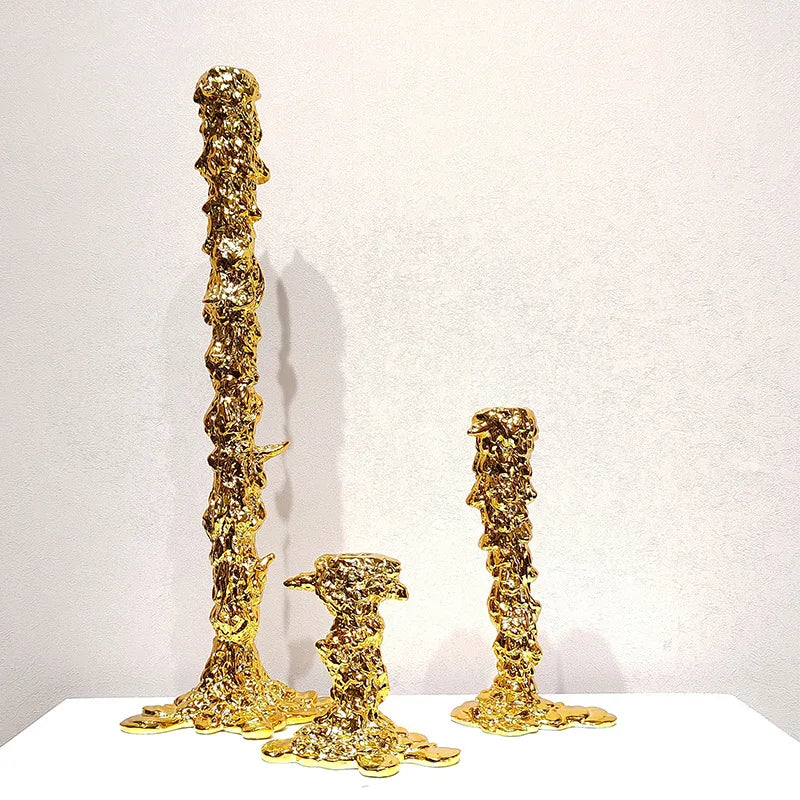 Afralia™ Golden Candlestick Holder Resin Plated Melt Shape for Wedding & Home Decor