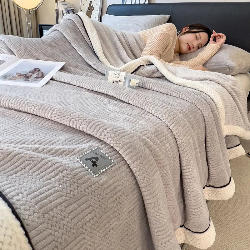 Afralia™ Cozy Jacquard Plush Blanket - Soft Coral Fleece - All-Season - European Solid Stripes