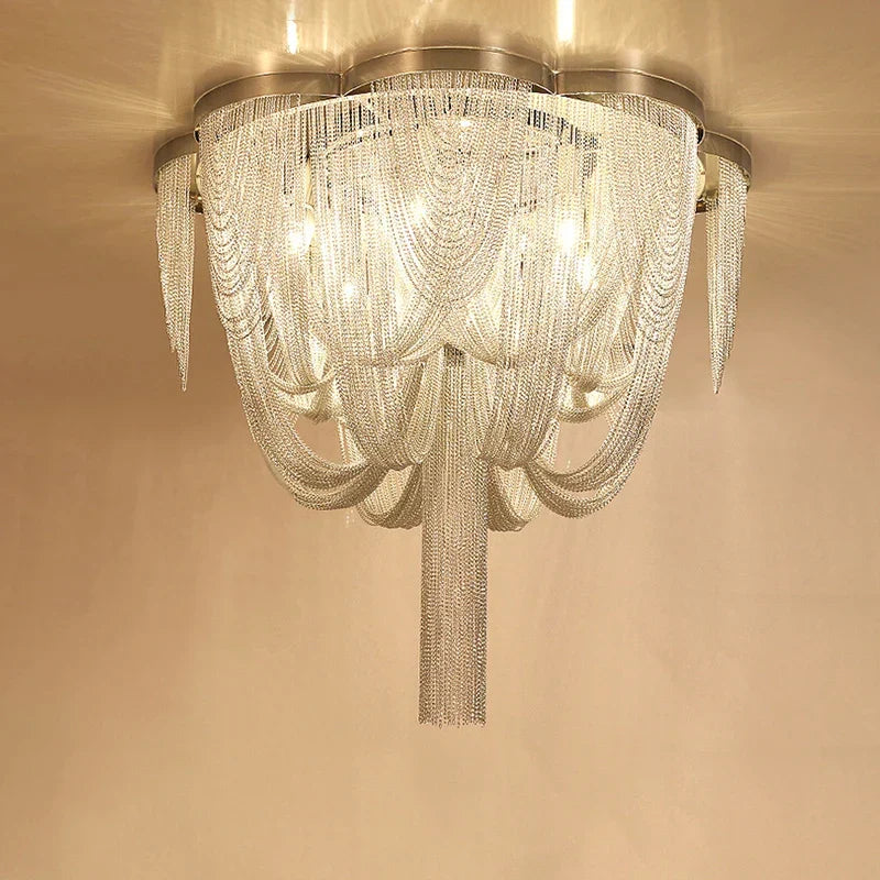 Afralia™ Circular Chrome Chain Pendant Light LED Ceiling Aluminum Living Room Luxe Chrome Gloss Light