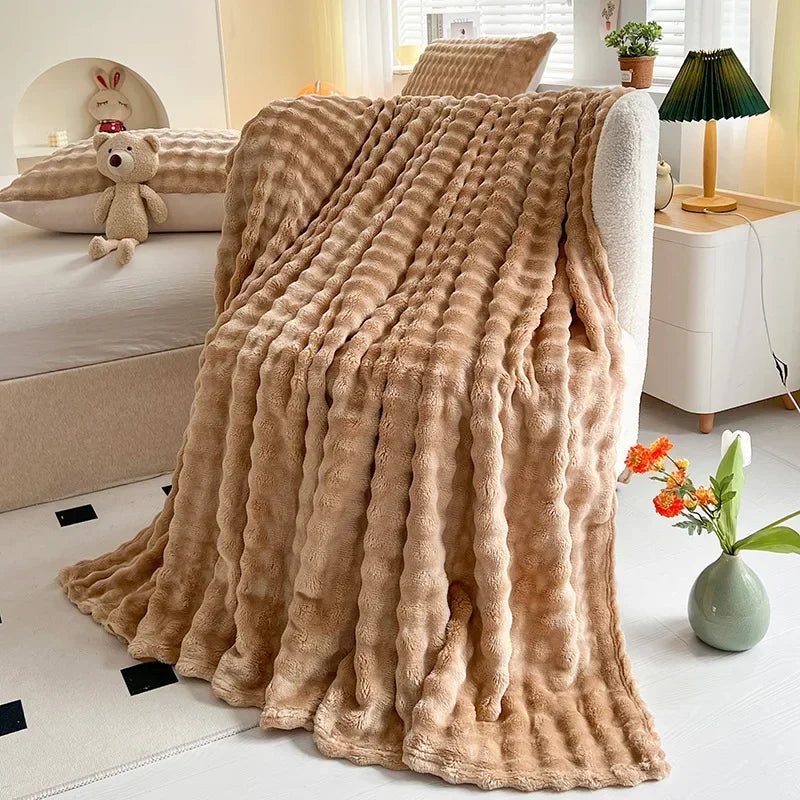 Afralia™ Soft Plush Faux Rabbit Fur Throw Blanket - White Striped Luxury Fluffy Blanket