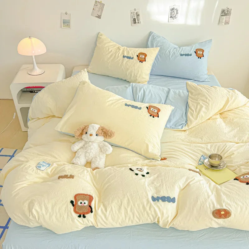 Afralia™ Cartoon Embroidery Jacquard Comforter Sets | Washed Cotton | Soft Skin-Friendly Bed Linen