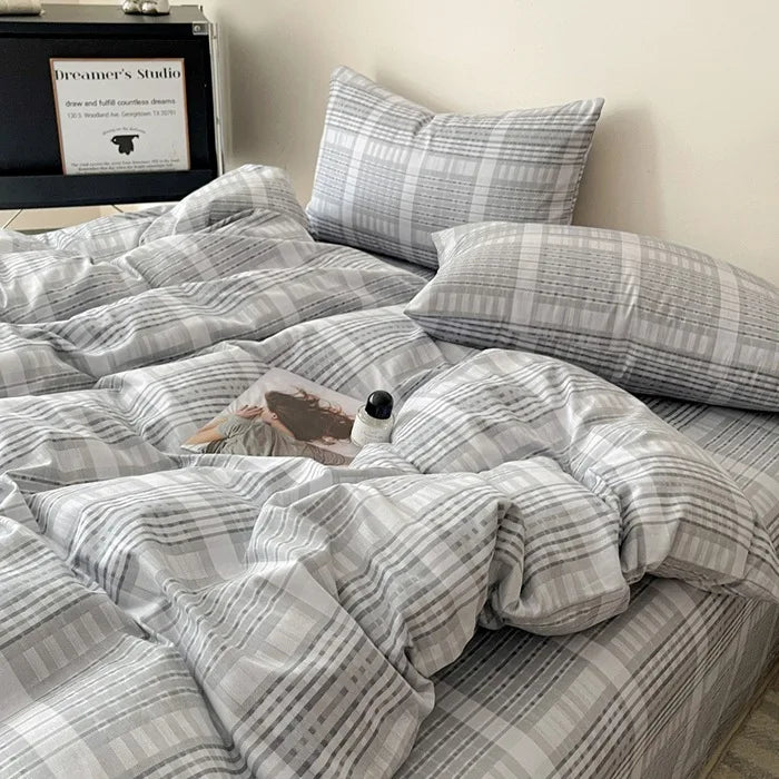 Afralia™ Cotton Grid Bedding Set - Soft & Stylish Bed Sheet, Quilt Cover Kit