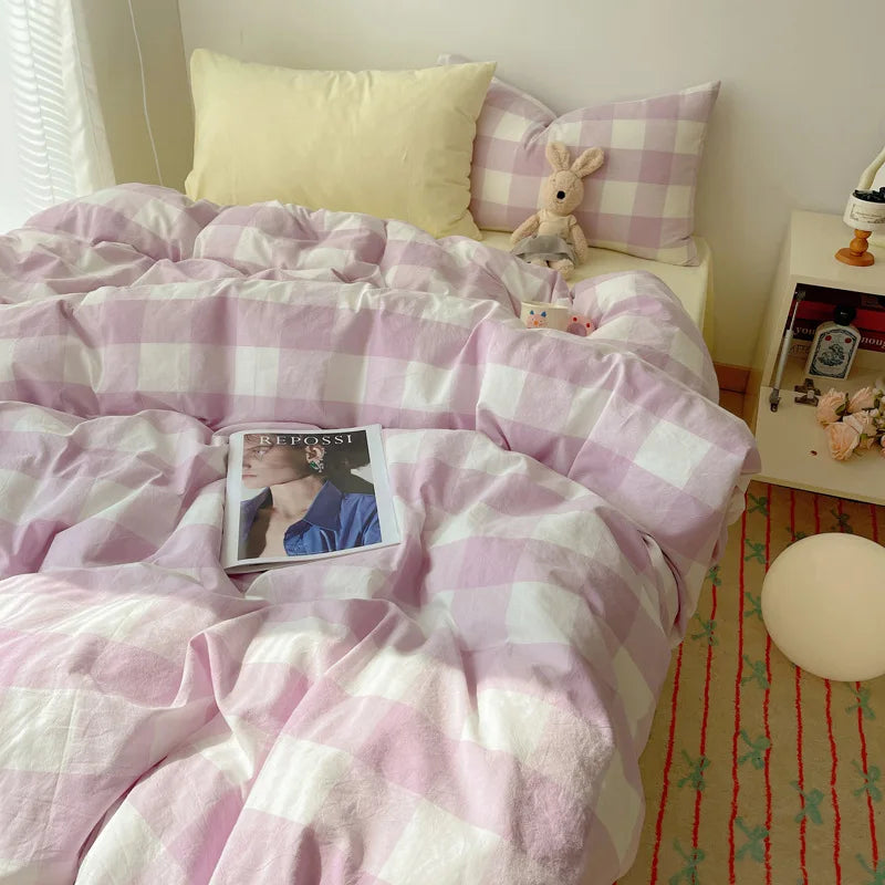 Afralia™ Cozy Cotton Grid Bedding Sets for Student Dorms - Queen/King Bedclothes