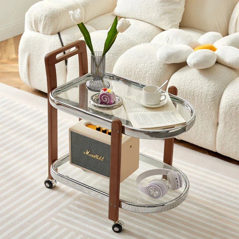 Afralia™ Nordic Wood End Table Tea Table, Movable Trolley, Glass Top, Multifunctional Storage Rack.