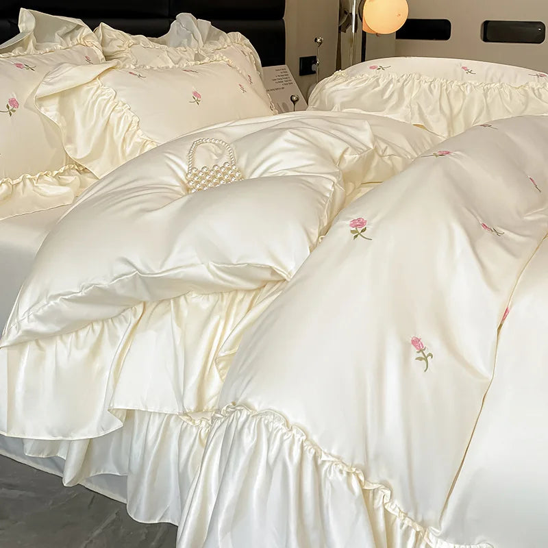 Afralia™ Ice Silk Embroidery Bedding Sets: Luxury Rayon Duvet Set with Lace, Soft & Cozy