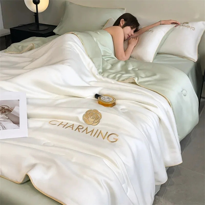 Afralia™ Nordic Style Floral Embroidered Ice Silk Comforter Set for Cooling Luxury Experience.