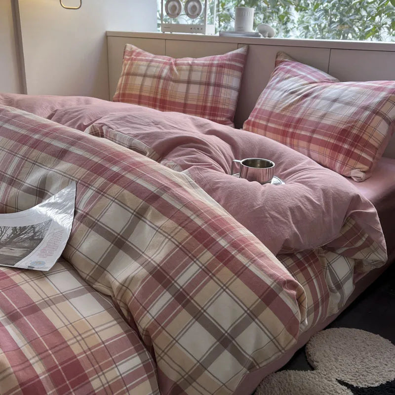 Nordic Grid Print Bedding Set in Wash Cotton Linen for Single Double Bed by Afralia™