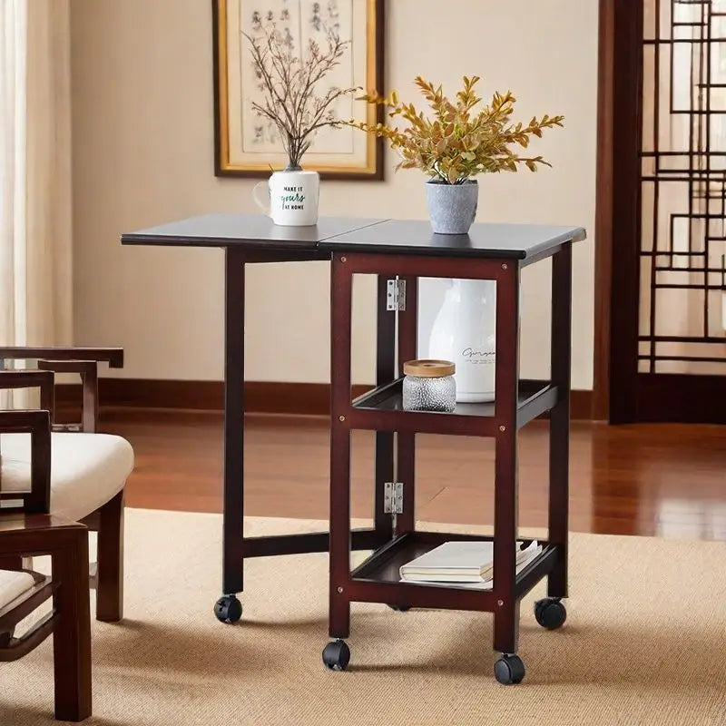 Afralia™ Solid Wood Dining Table Folding Side Cabinet with Storage Shelf