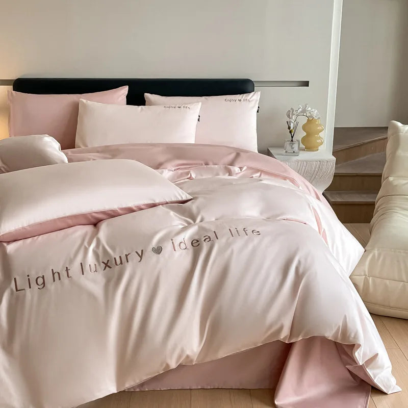 Afralia™ 120S Long Staple Cotton Satin Embroidery Bedding Set - Solid Color Twin Full Double Comforter