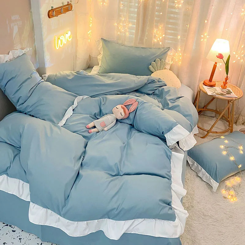 Afralia™ Cotton Ruffle Edge Duvet Cover Set - Soft, Thick, Solid Color