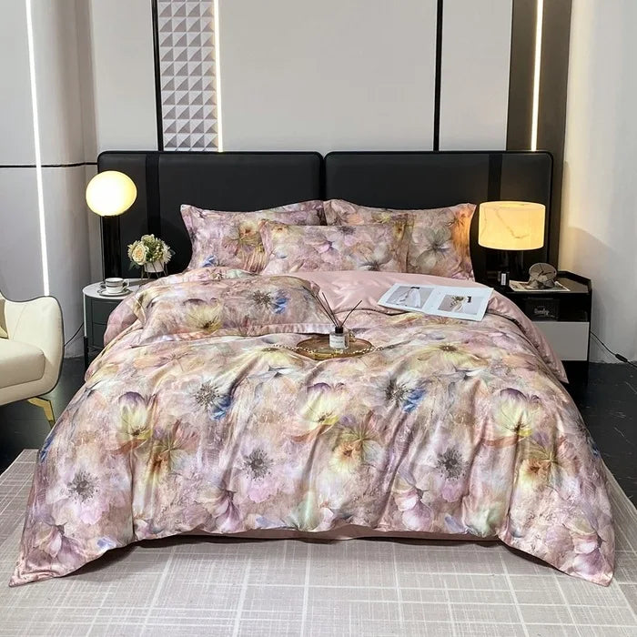 Afralia™ Summer Ice Silk Printed Bedding Set with Lace - Cooling Quilt, Duvet Cover, Pillowcases & Bed Sheet