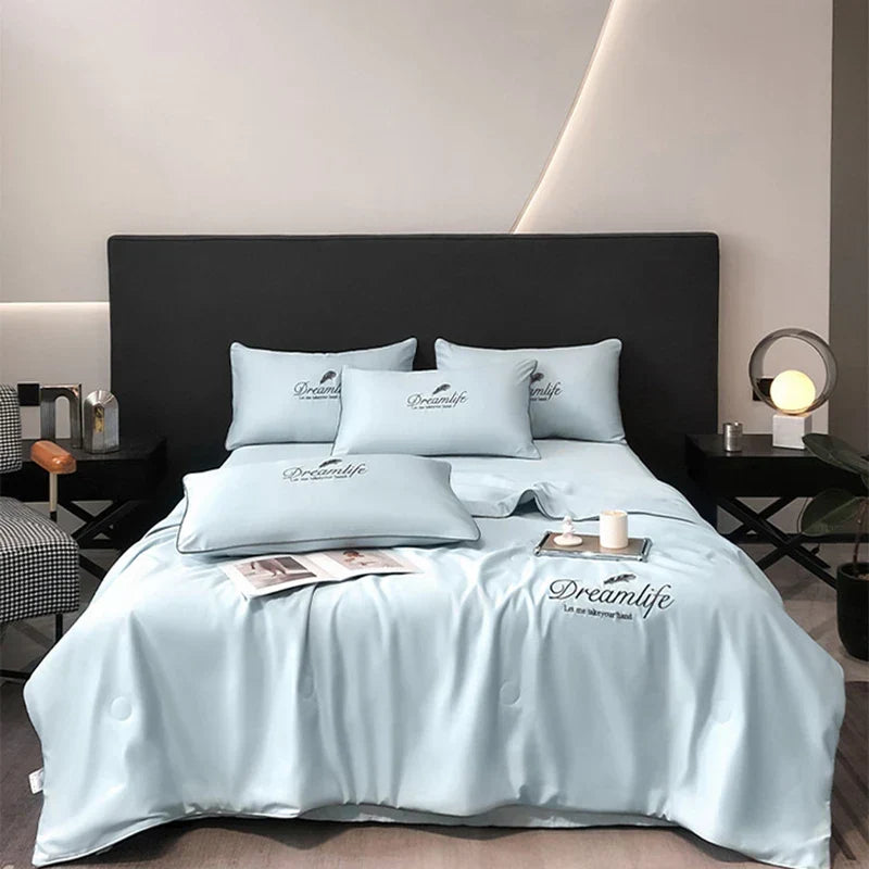 Afralia™ Soft Rayon Silk Summer Comforter Set 4Pcs Single King Size Embroidered Kit