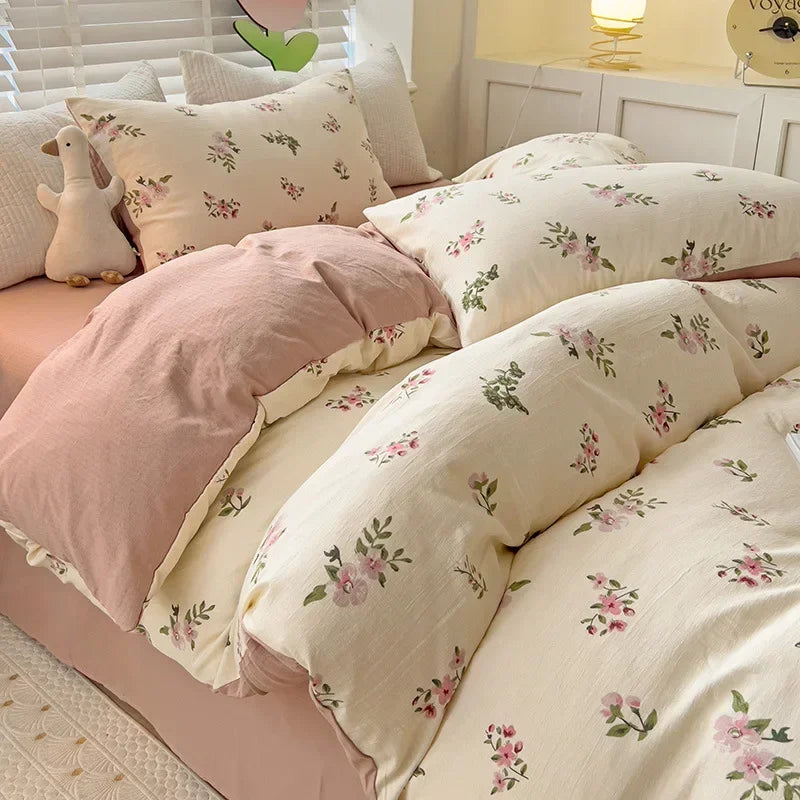 Afralia™ Floral Printed Cotton Bed Set: Cute, Soft, Comfortable 4-Piece Duvet Cover & Sheet