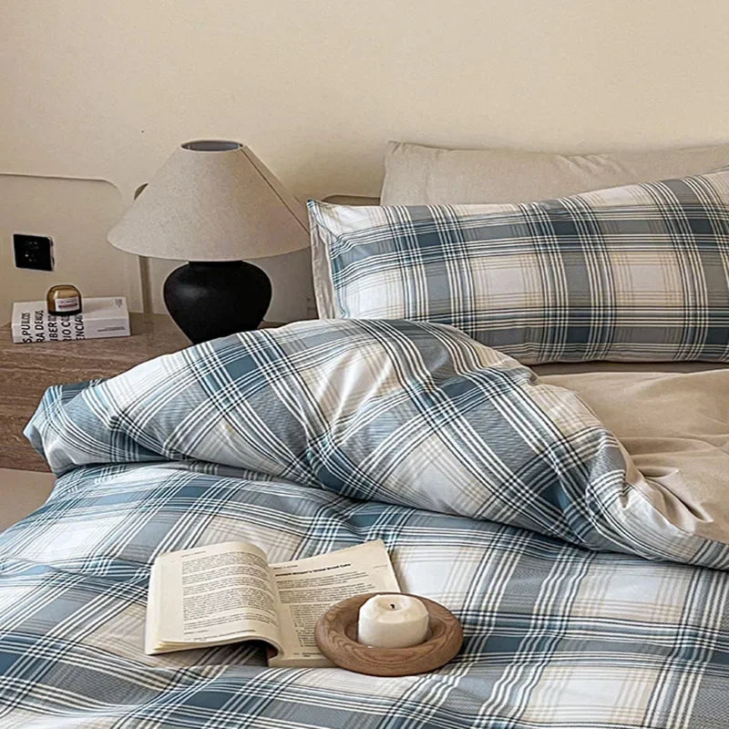 Afralia™ Soft Cotton Grid Printed Bedding Set for Single/Double Bed
