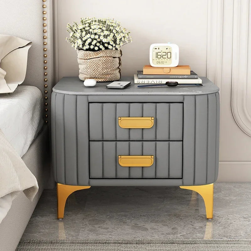 Afralia™ Rock Bed Edge Cabinet with Drawers, Modern Luxury Leather Master Bedroom Bedside Table