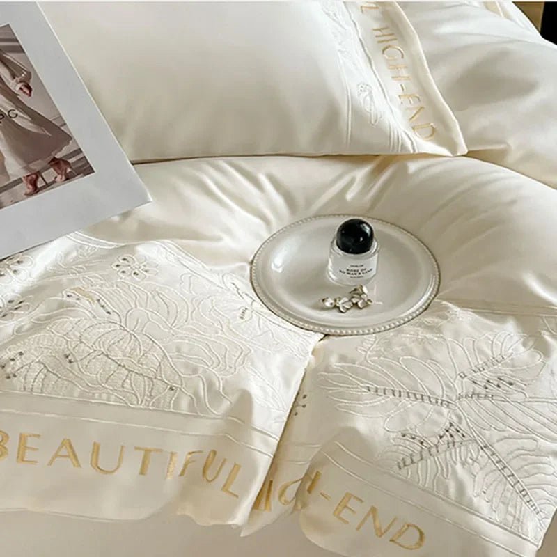 Afralia™ Embroidery Faux Silk Bedding Set Double Bedsheet Kit