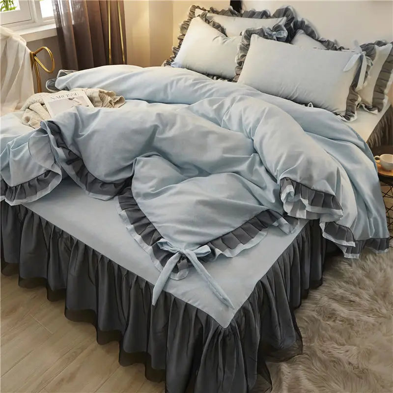 Afralia™ Korean Bed Skirt Set with Ruffled Edges - Solid, Skin-Friendly Bedding Kit