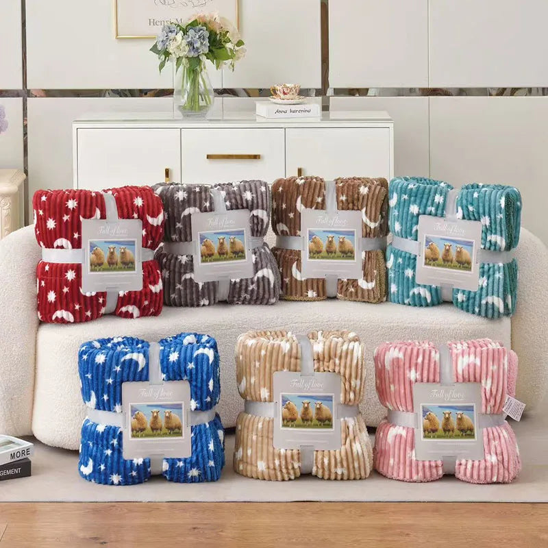 Afralia™ Star Moon Striped Fleece Blanket: Double Layer Flannel for Office Nap & Air Conditioning