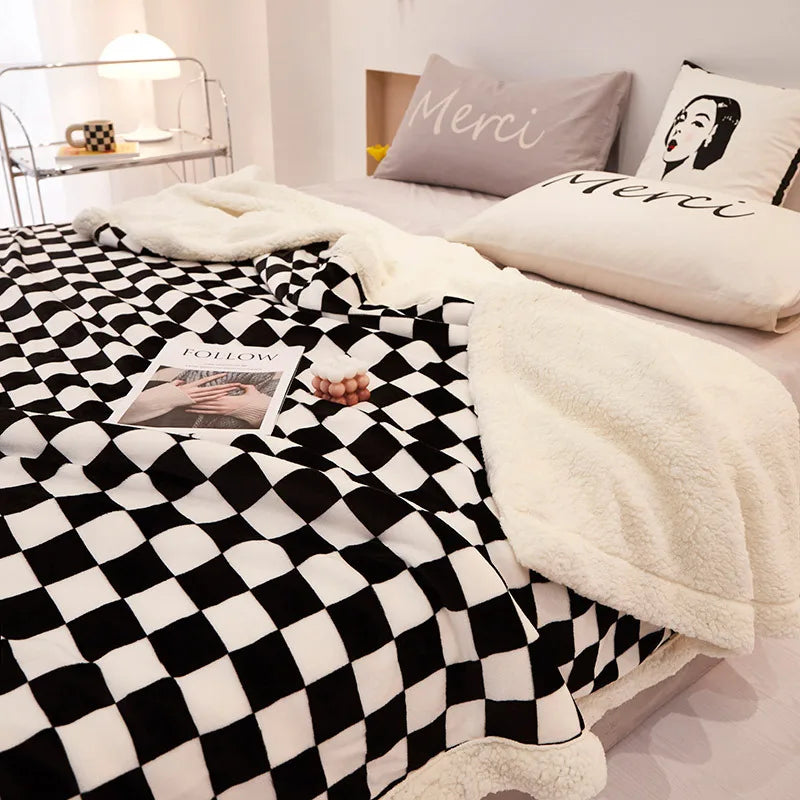 Afralia™ Double Layer Lamb Wool Checkered Blanket - Nordic Style Warm Bedspread
