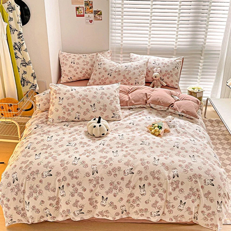 Afralia™ Cotton Flower Printed Comforter Set: Breathable Double-Layer Yarn, Soft Bedding for Girls