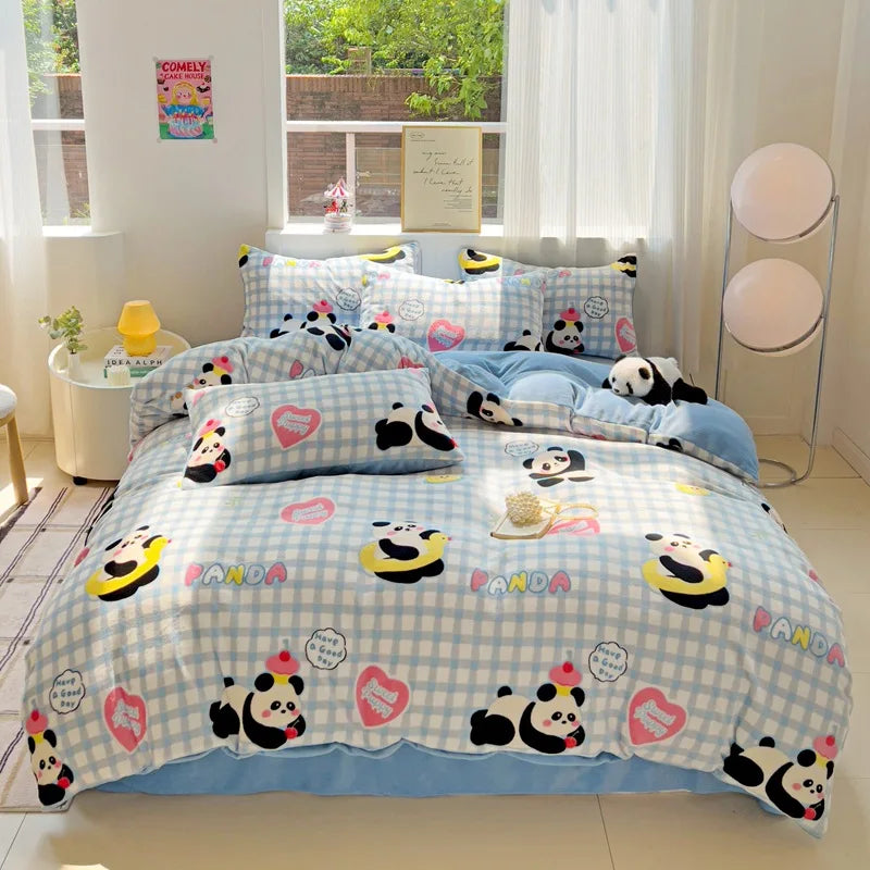 Afralia™ Snowflake Velvet Cute Cartoon Flower Bedding Set for Single Queen
