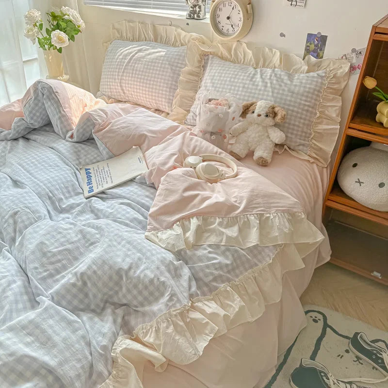 Afralia™ Korean Grid Lace Washed Cotton Bedding Set, Cozy Comforter Cover Single Double Queen