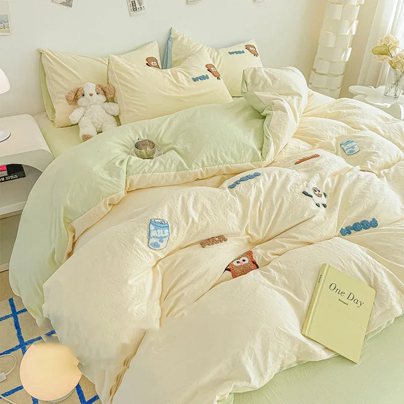 Afralia™ Cartoon Embroidery Jacquard Comforter Sets | Washed Cotton | Soft Skin-Friendly Bed Linen