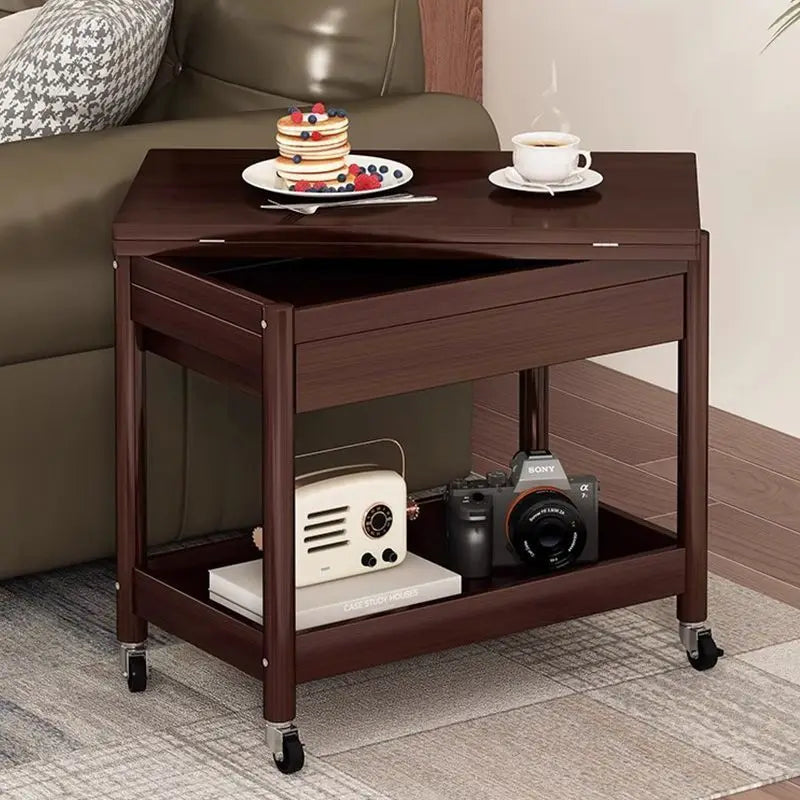 Afralia™ Ash Wood Cart Coffee Table with Folding Desktop Storage