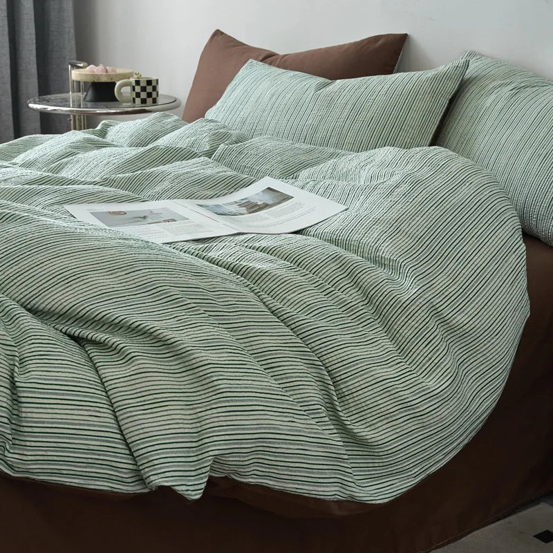 Afralia™ Striped Jacquard Cotton Bedding Set: Duvet, Fitted Sheet, Pillowcase. King Queen Size