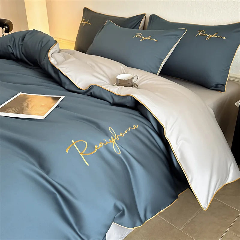 Afralia™ Pure Cotton Luxury Embroidery Bedding Set - Nordic Solid Color Duvet Bedclothes
