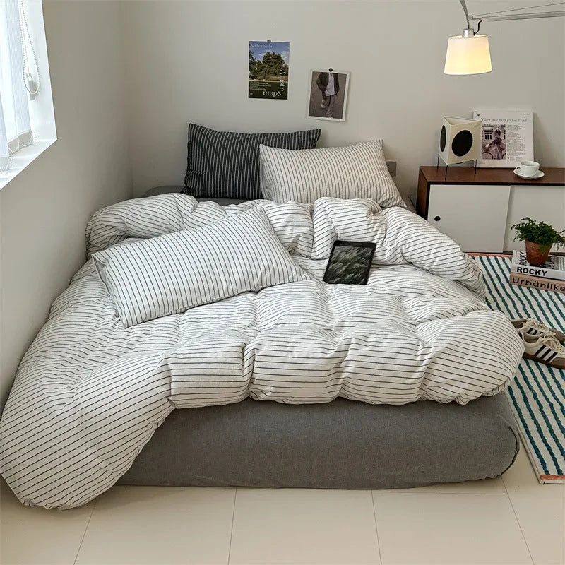 Afralia™ Nordic Striped Cotton Bed 4Pcs Fitted Sheet Set - Breathable & Skin-Friendly